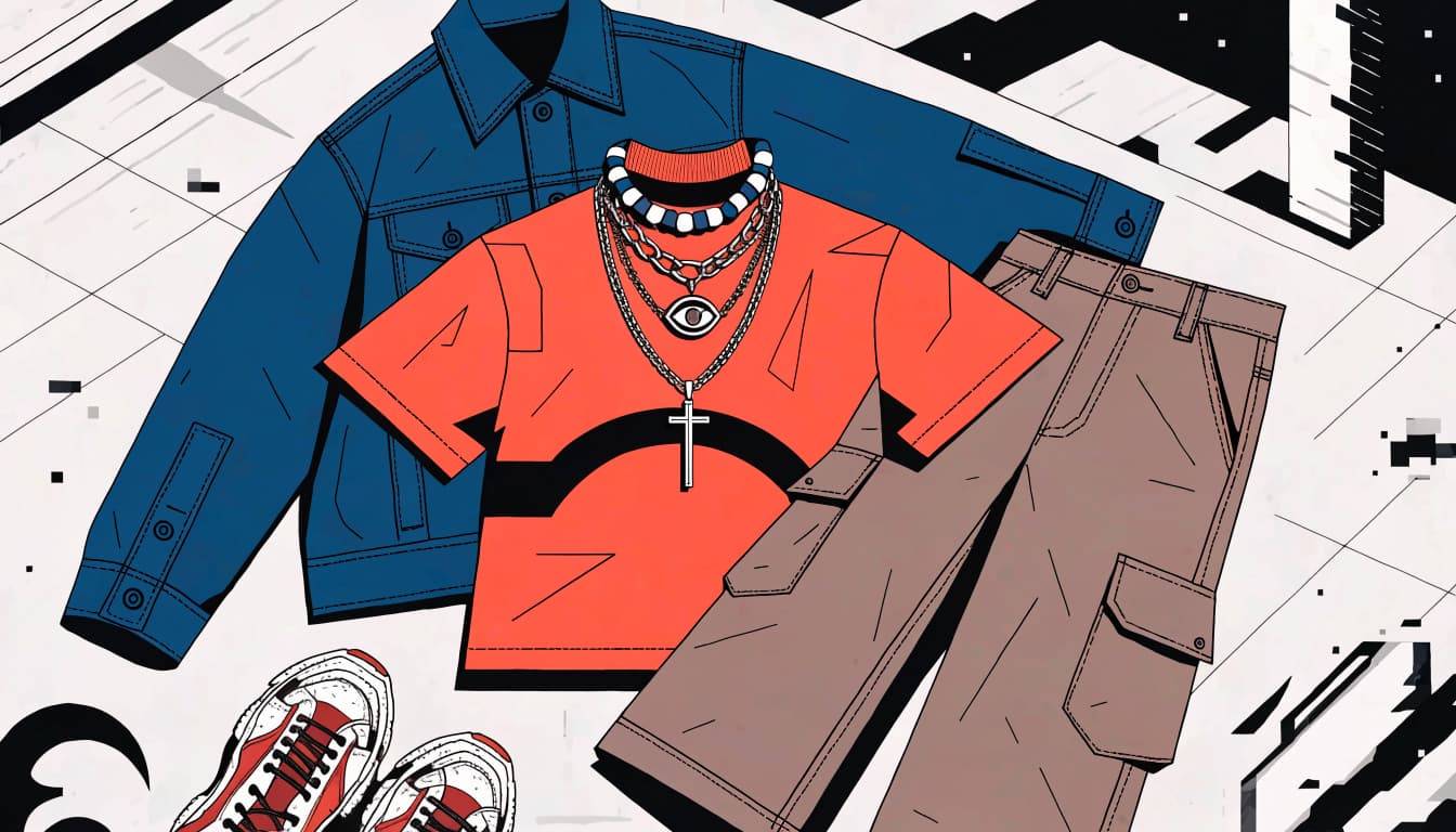 A graphic tee sits with cargo pants, a denim jacket, and accessories on concrete.