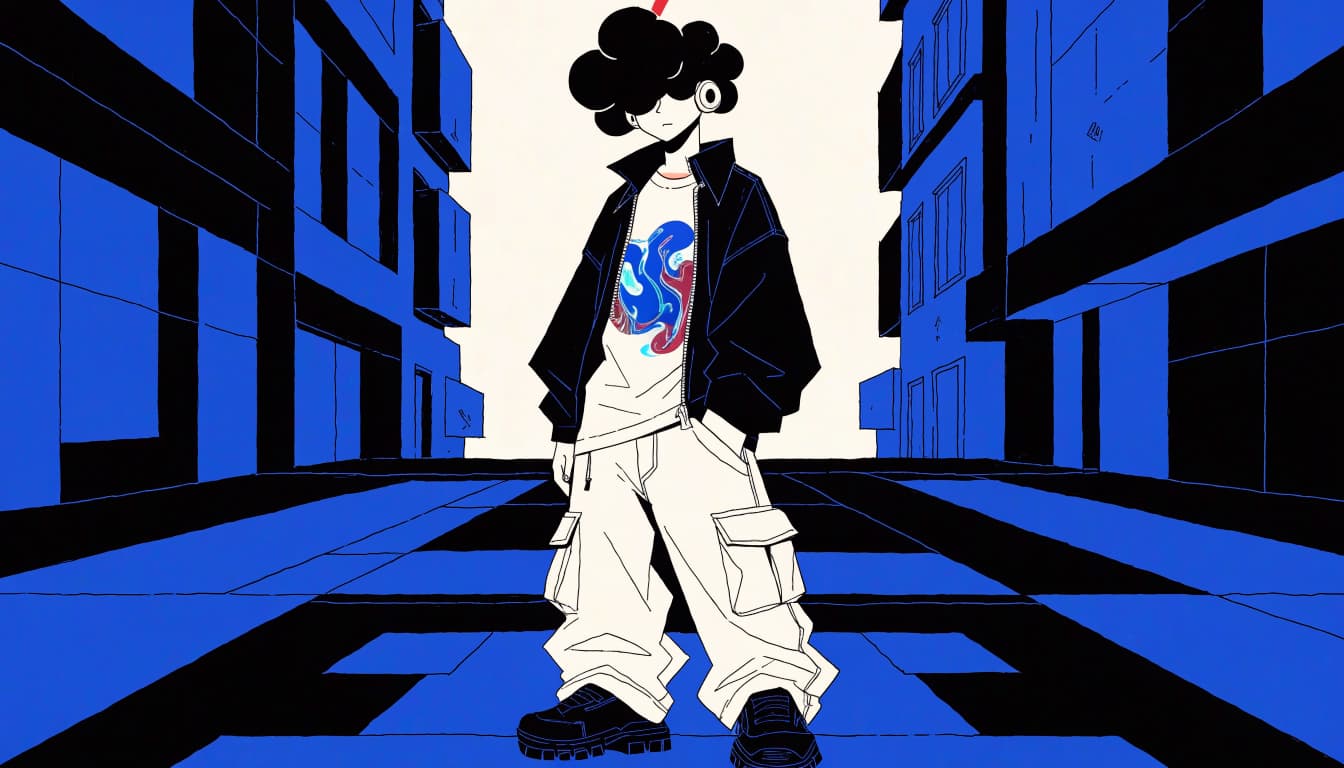 A young adult in a graphic tee, layered jacket, and cargo pants stands on an angular city sidewalk.