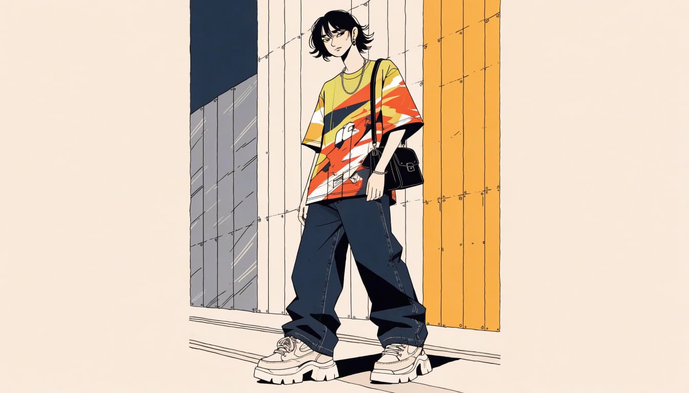 A young adult in an anime-print tee and wide-leg jeans stands by a graphic wall.