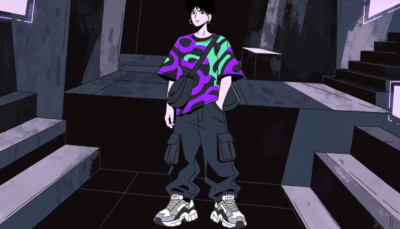 A person in a graphic tee and cargo pants stands in a neon-accented alley.
