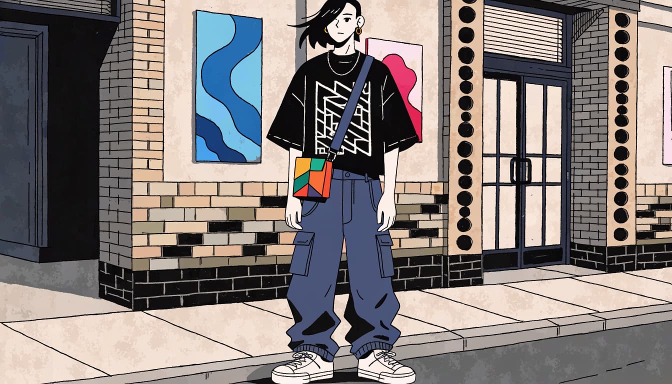 A young adult in a graphic tee and cargo trousers stands outside an arts venue.