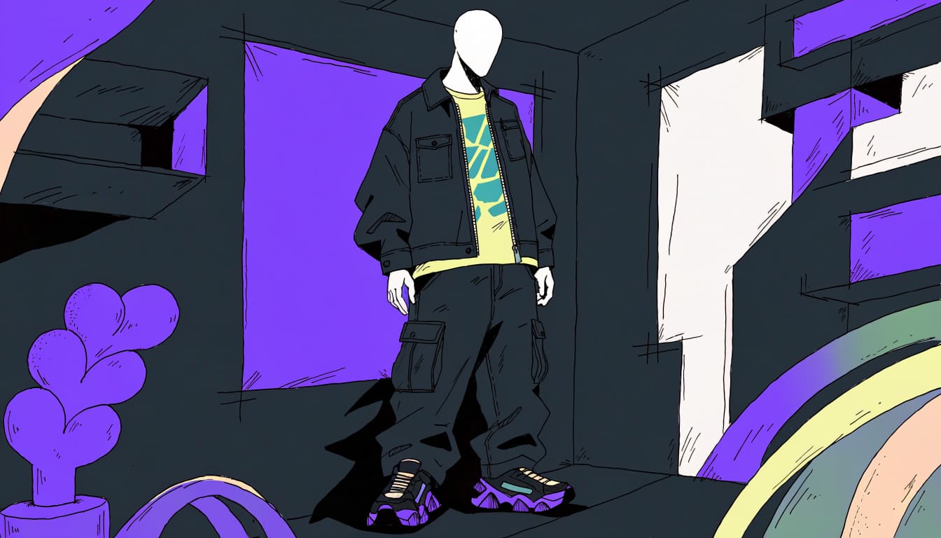 A mannequin wears a graphic tee, overshirt, cargo pants, and chunky sneakers.