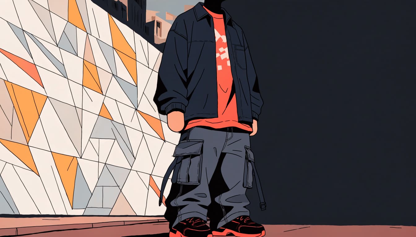 A mannequin models a graphic tee with layered streetwear on an urban sidewalk.