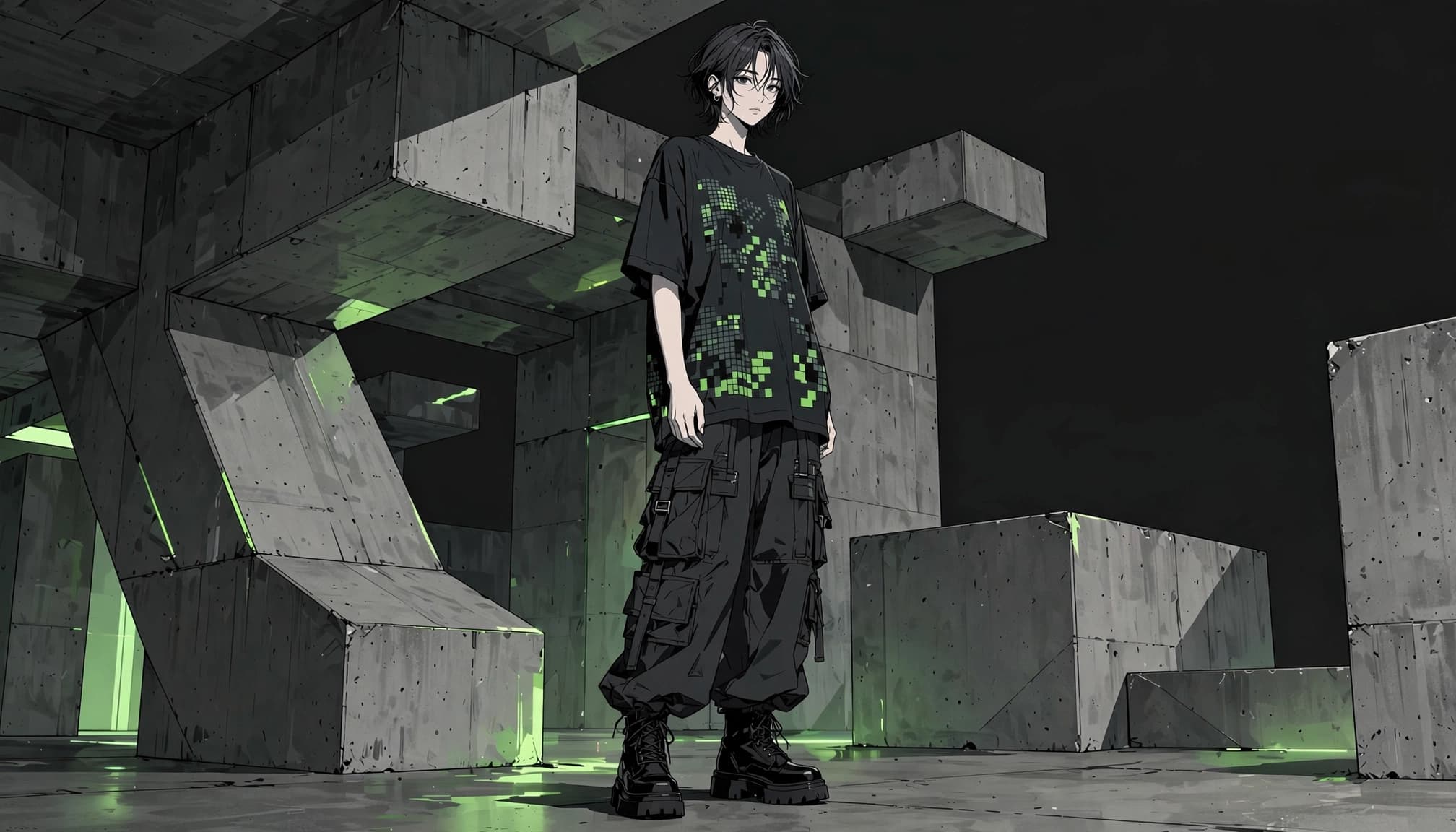 Anime-inspired model in dark streetwear standing beneath concrete pillars with green neon reflections.