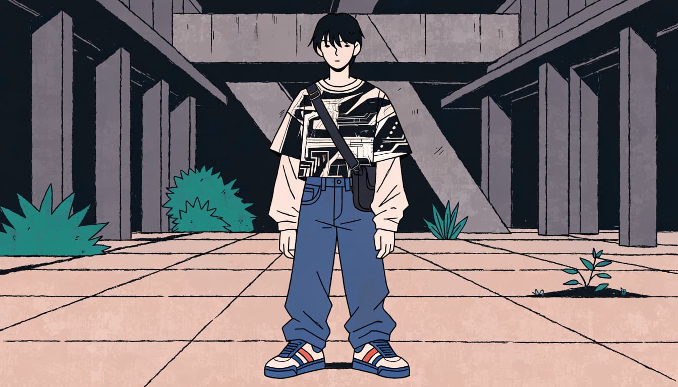 A young adult in a graphic tee, loose jeans, overshirt, and crossbody bag stands beneath concrete arches.