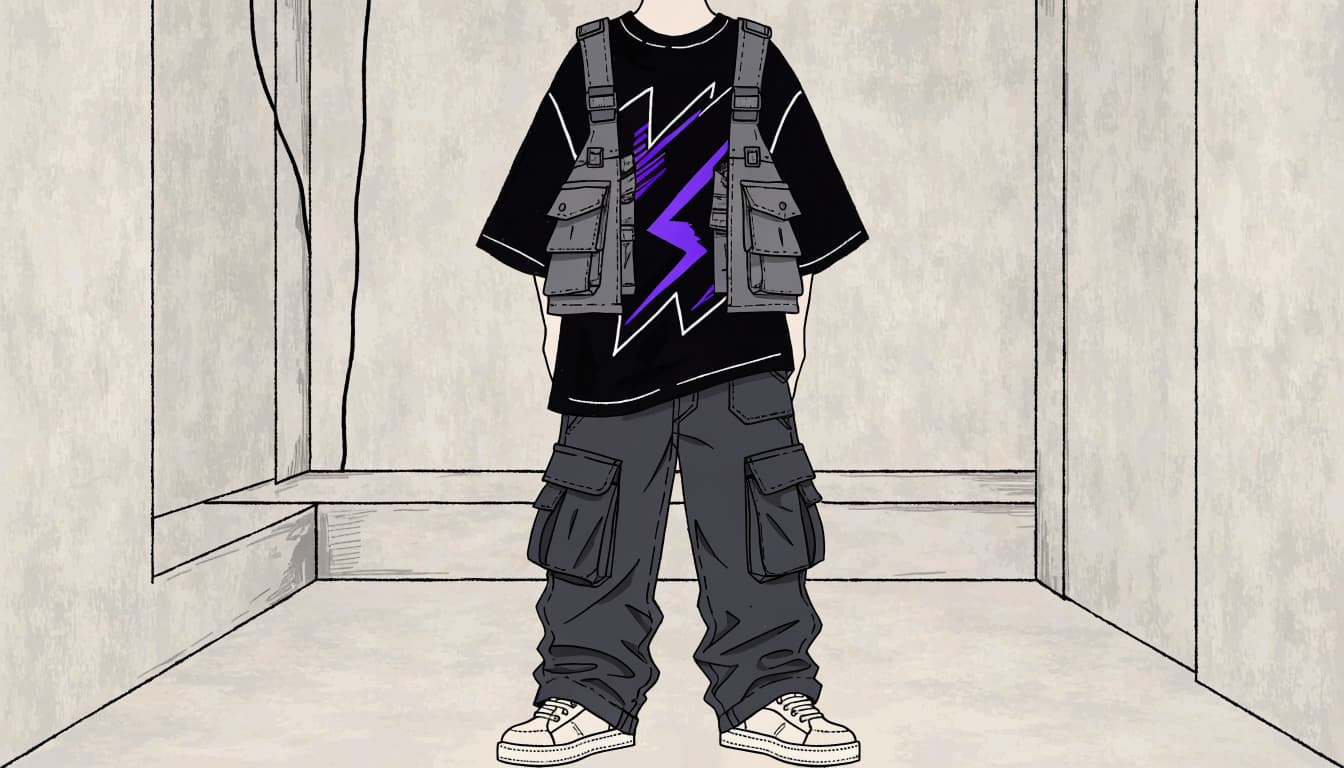 A headless mannequin displays a black graphic tee, utility vest, cargo pants, and sneakers.
