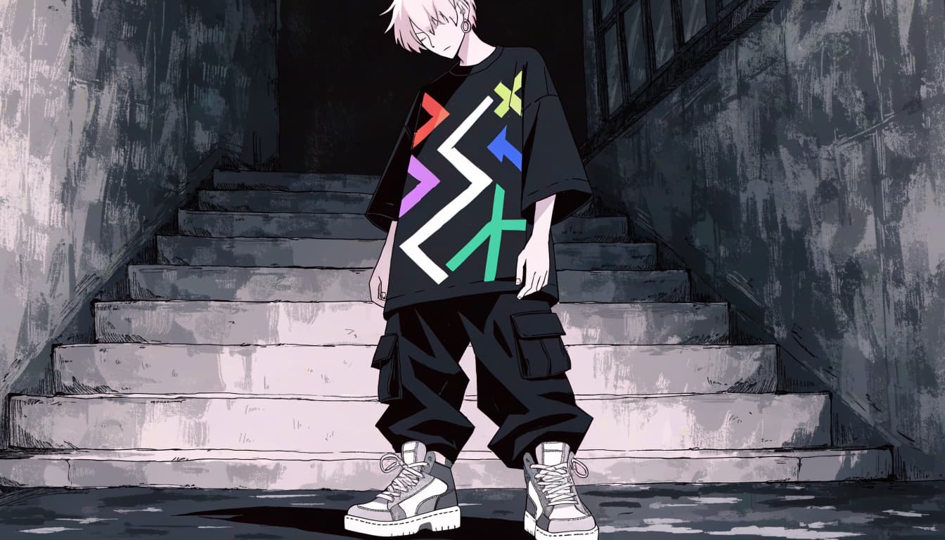 A person in an angular graphic tee and dark cargo pants stands in a concrete stairwell.