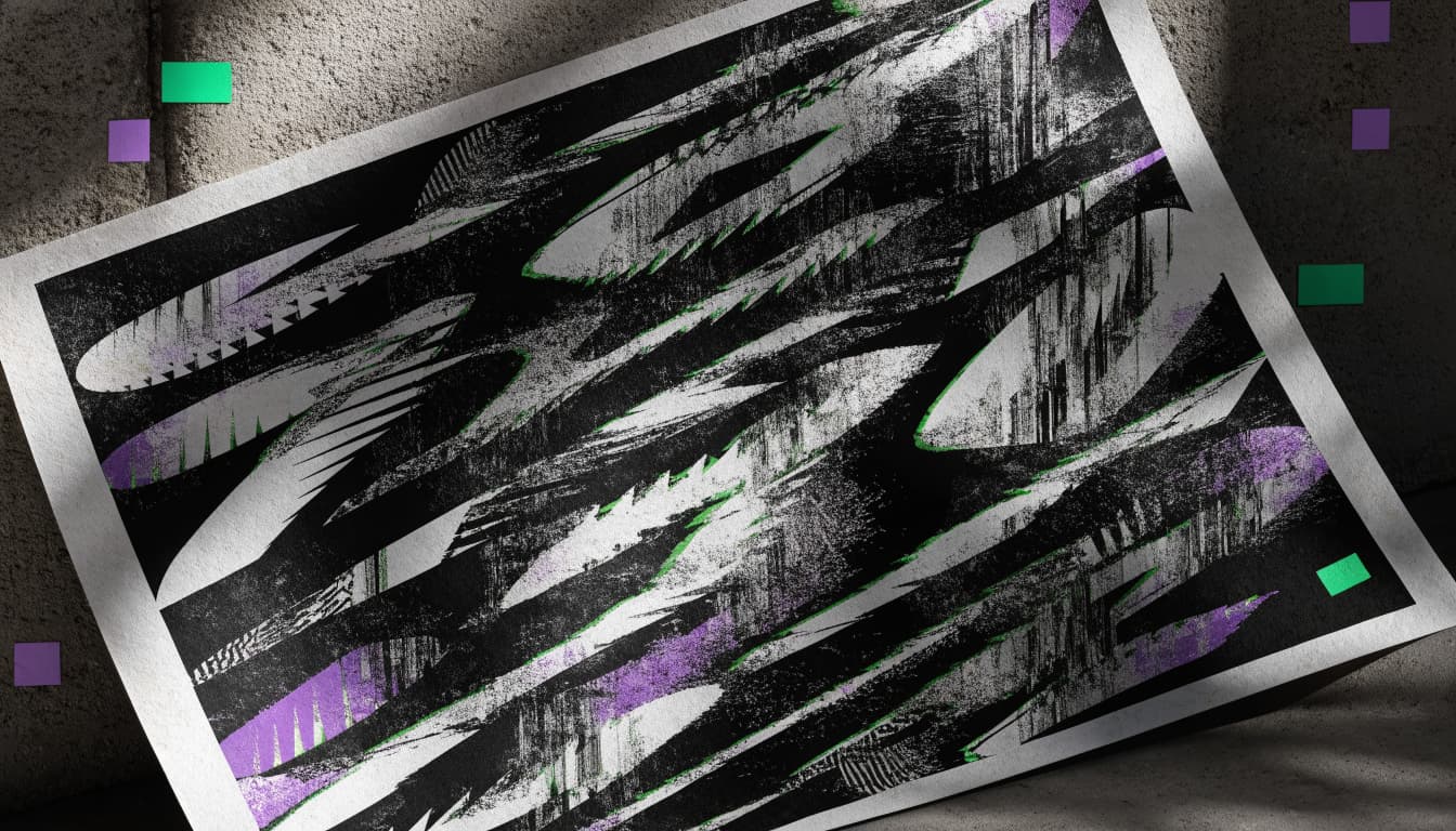 Distressed abstract shapes and scan lines cover a paper design sheet on a concrete wall.