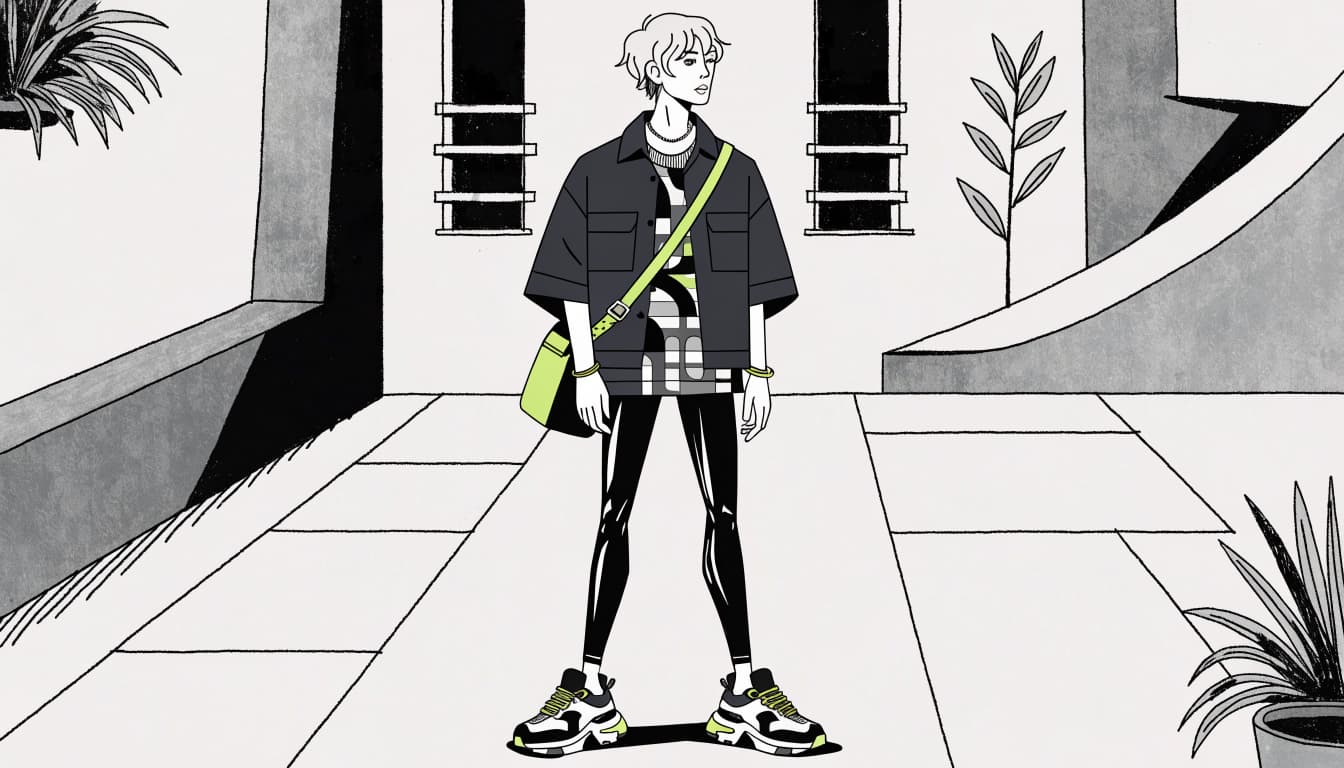 A streetwear model in a graphic tee, black leggings, sneakers, and a crossbody bag.