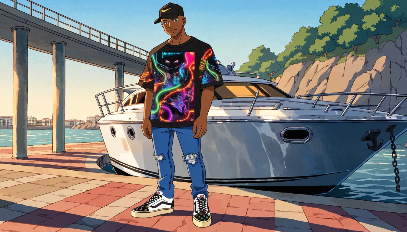 An anime-style illustration of a man wearing a graphic t-shirt standing by a yacht.