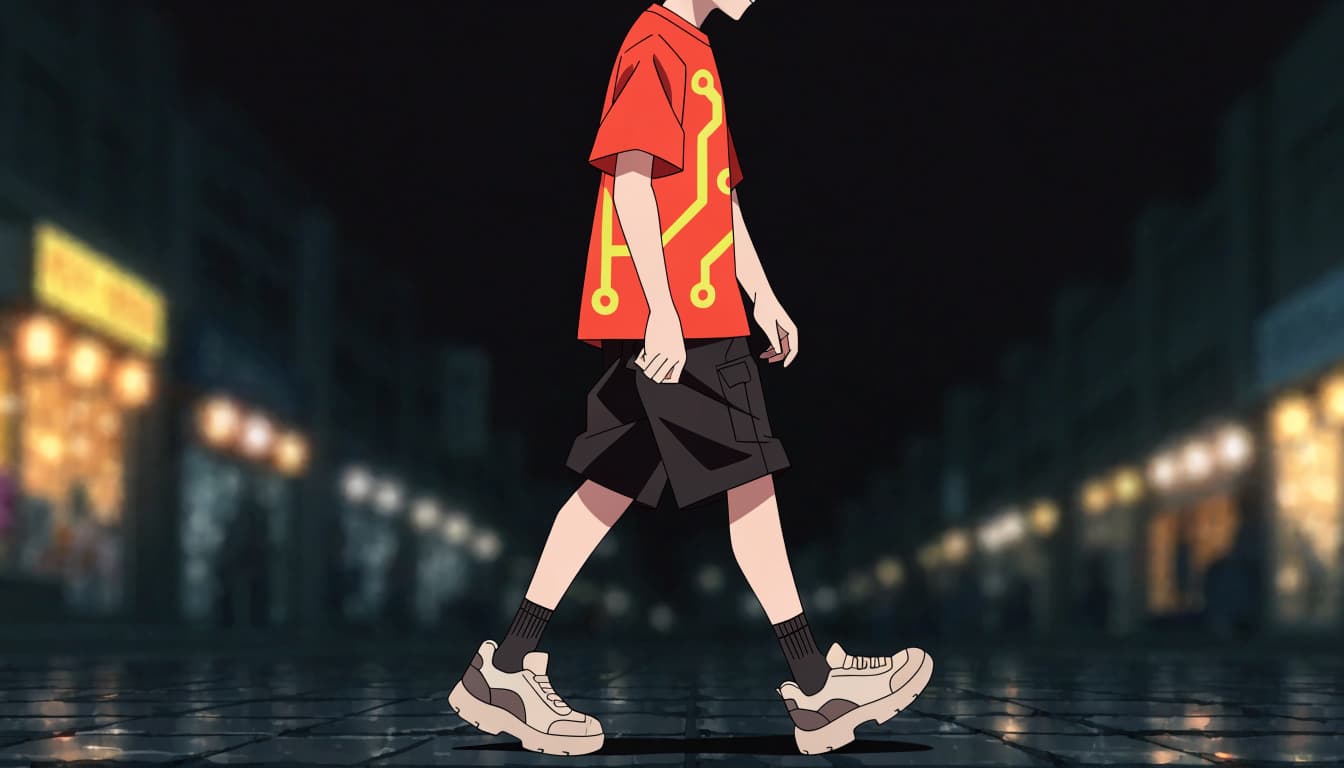 A person walks past blurred market lights in a graphic tee and black cargo shorts.