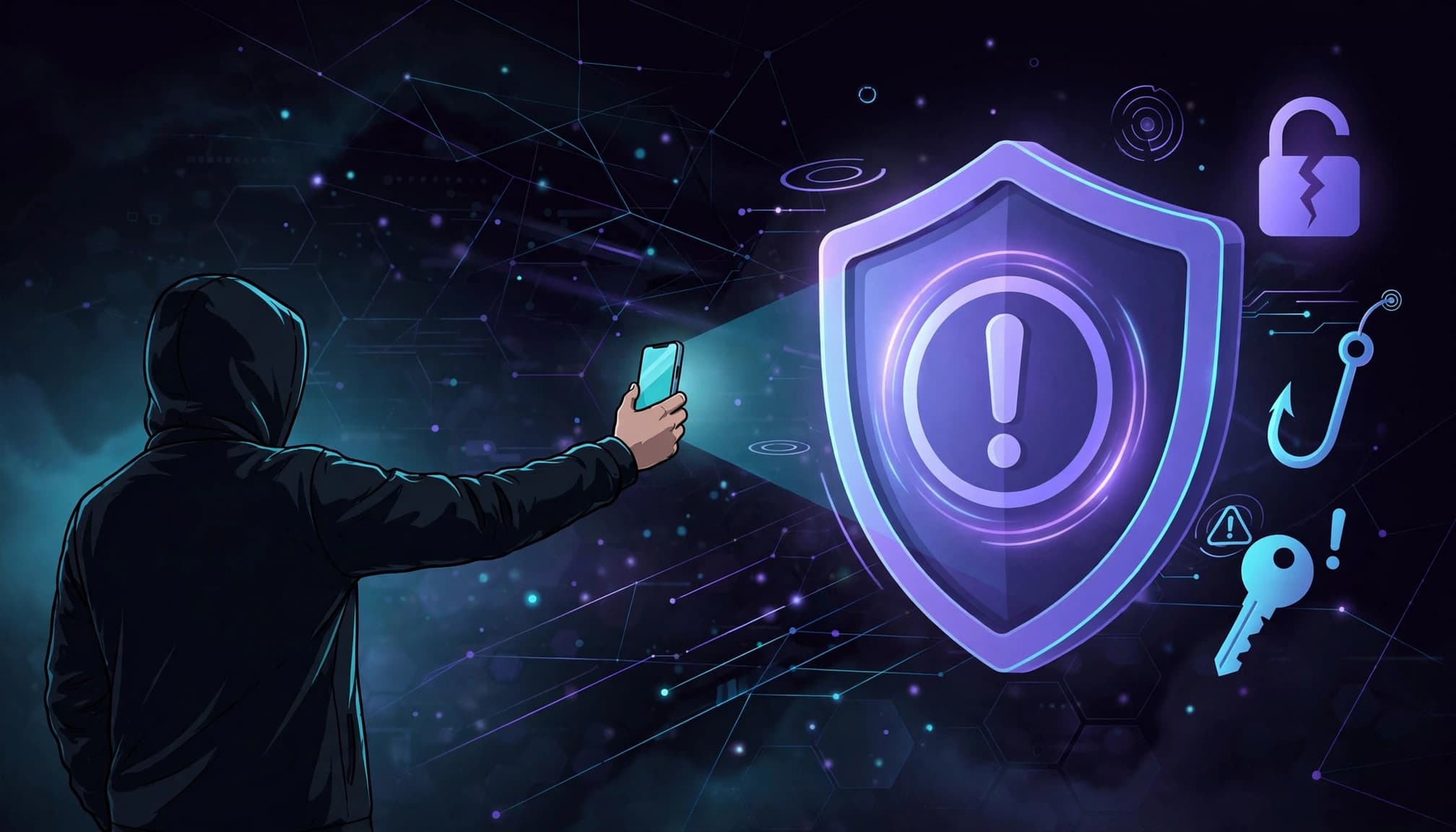 A person holds a phone toward a glowing warning shield in a dark digital space.