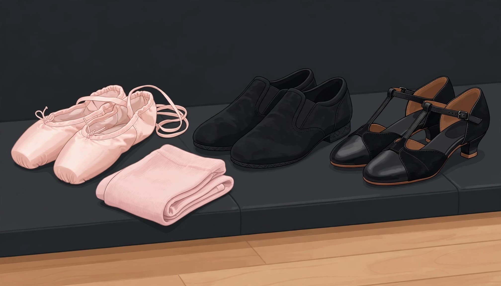 Dance shoes and tights are arranged in pairs on a studio bench.