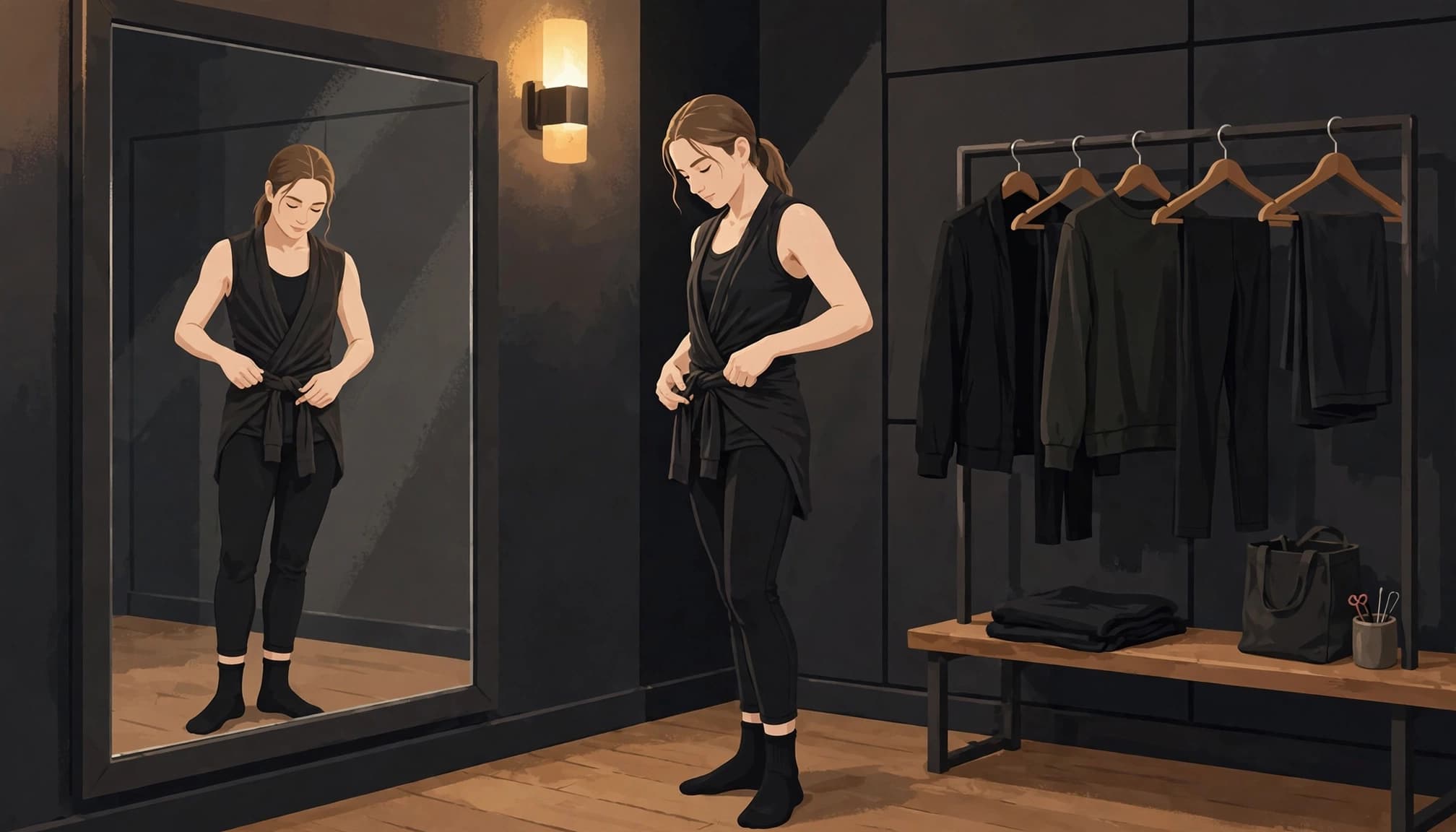 A dancer checks a layered costume beside a mirror and garment rack.