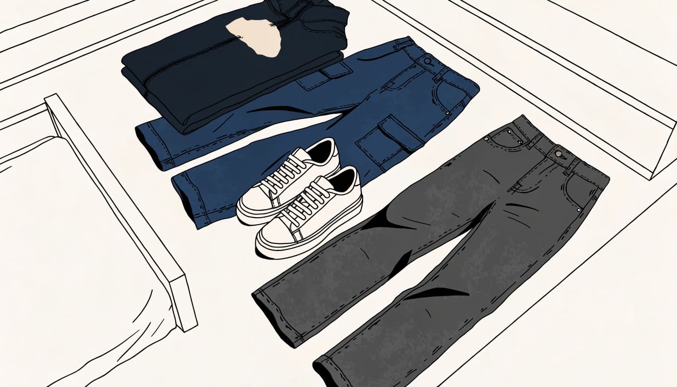 Jeans, cargo pants, sneakers, and a folded hoodie arranged on a bedroom floor.