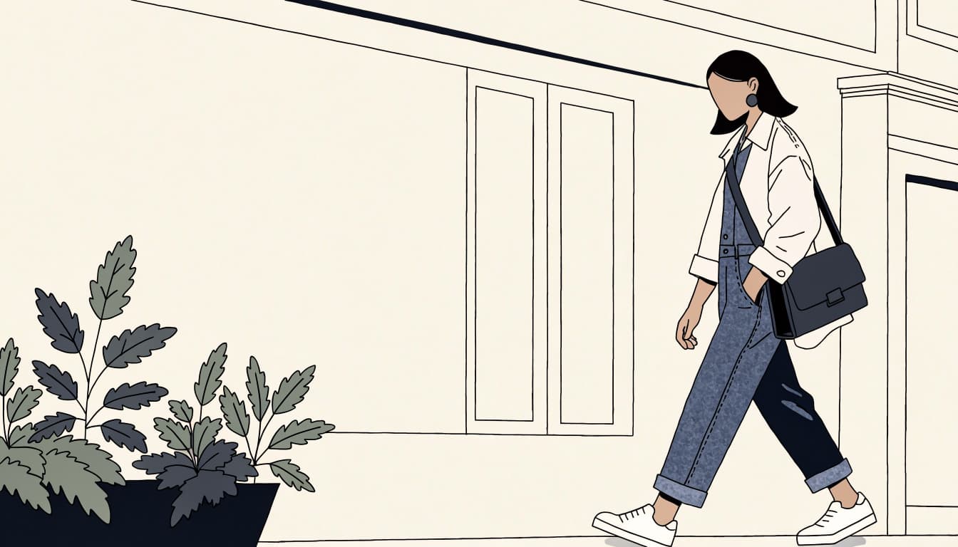 A person wears a denim jumpsuit, sneakers, and a crossbody bag on a quiet city sidewalk.