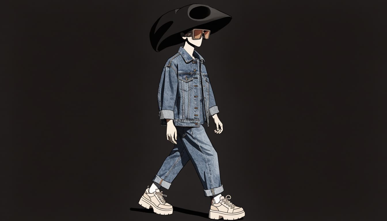 A mannequin in denim wears an oversized black hat and angular tinted glasses.
