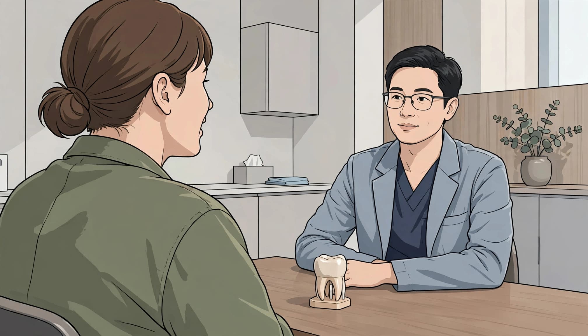A patient and dentist discuss treatment with a tooth model between them.