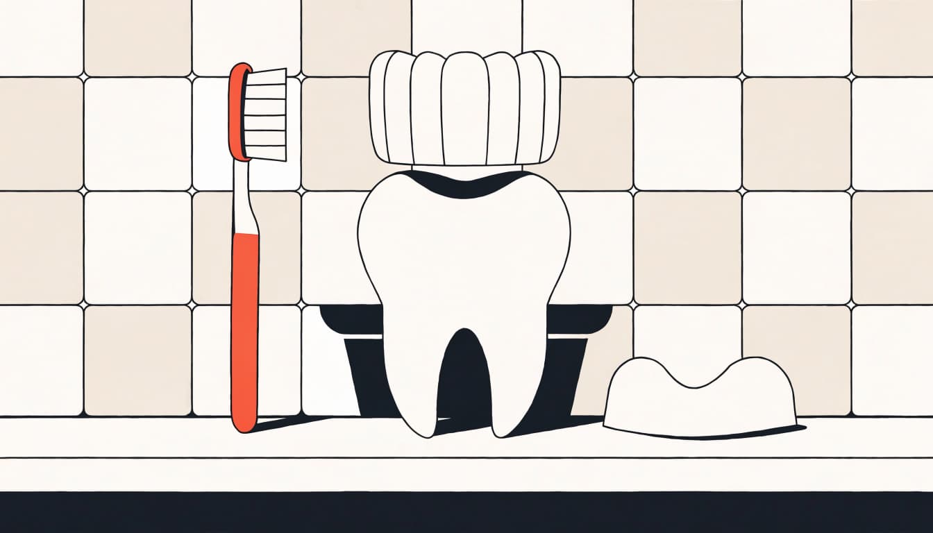 A crowned molar sits beside a toothbrush and night guard on a bathroom shelf.