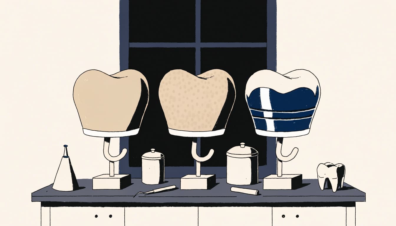 Three differently colored dental crowns sit beside a mold and tools on a lab bench.