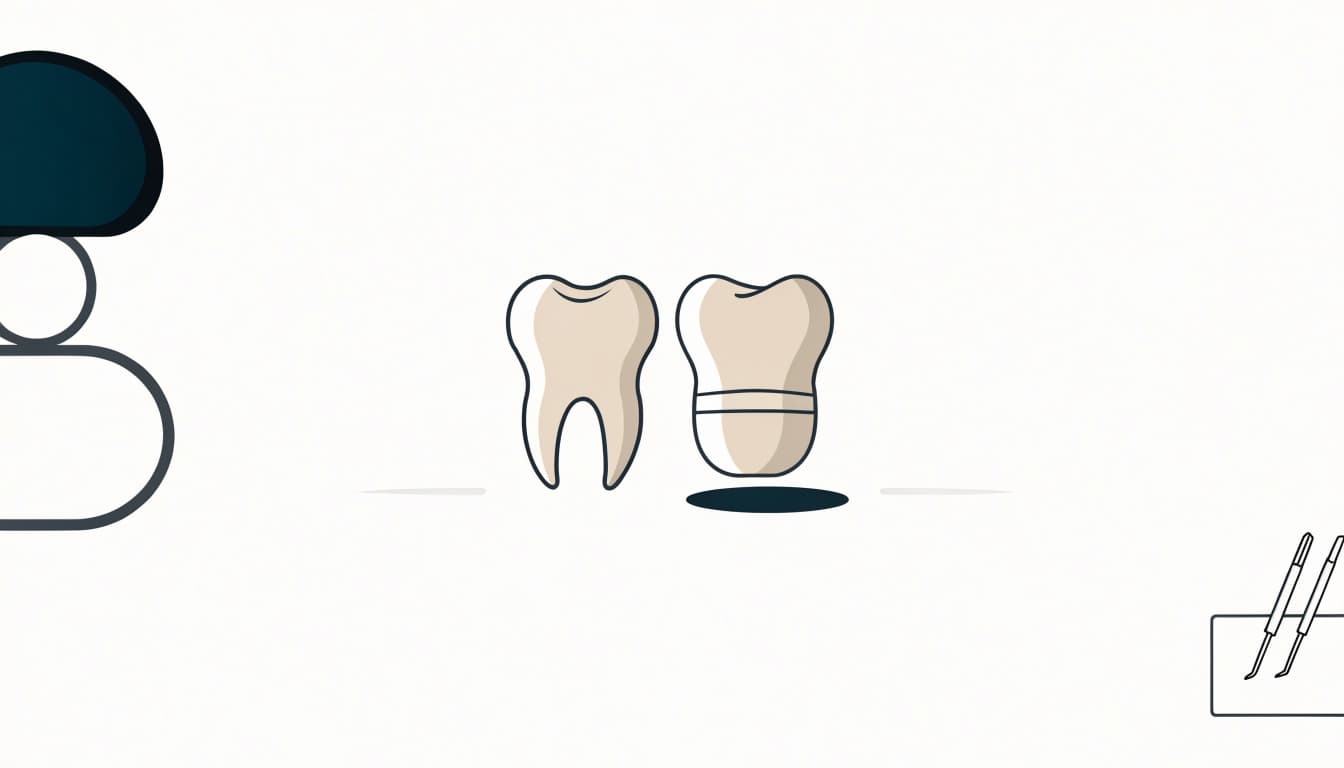 A dental crown beside a natural molar, with a chair and instrument tray in the background.