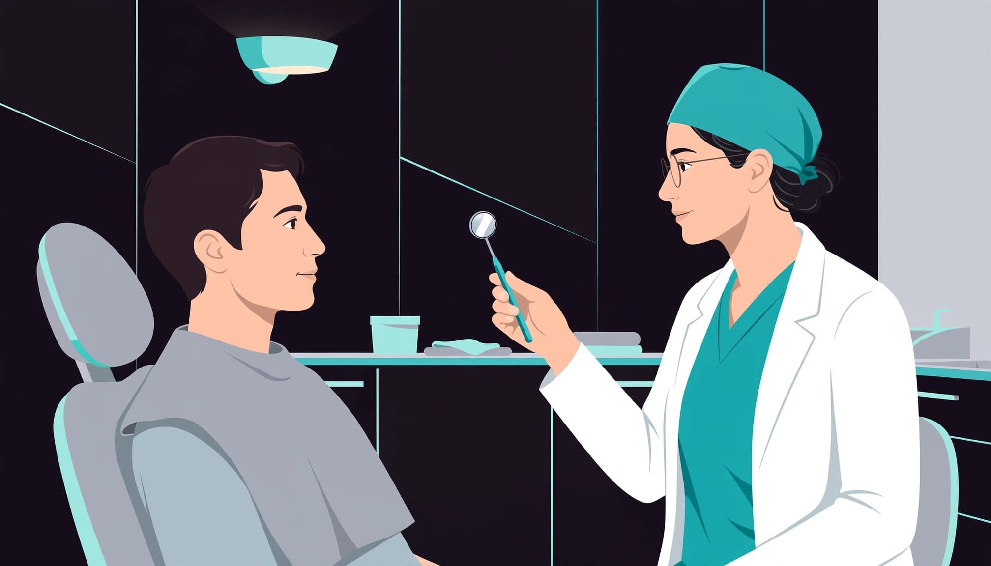 Dentist and patient in profile discussing a back molar checkup with a dental mirror nearby.