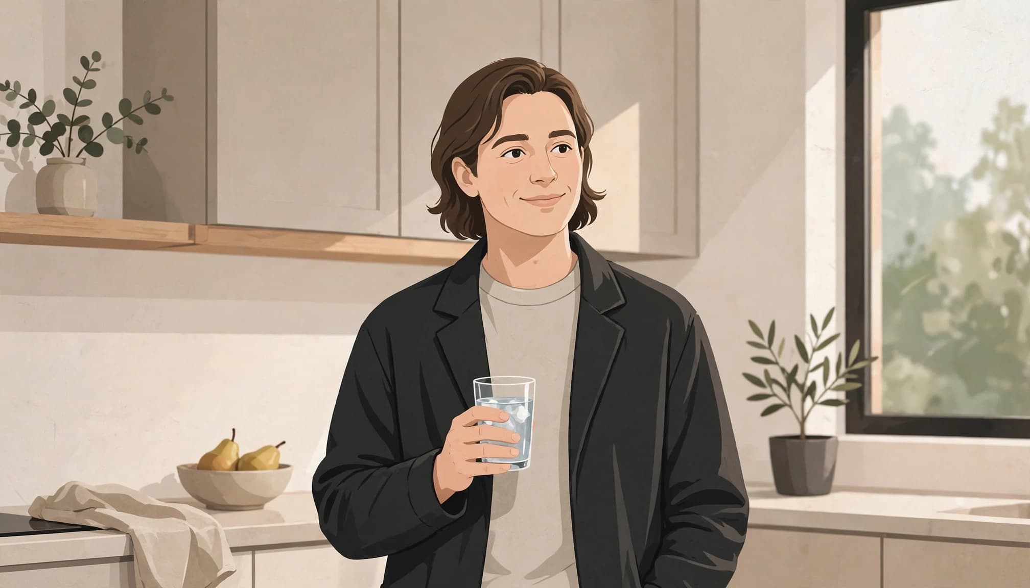 A person smiling gently while holding a glass of water in a bright kitchen.