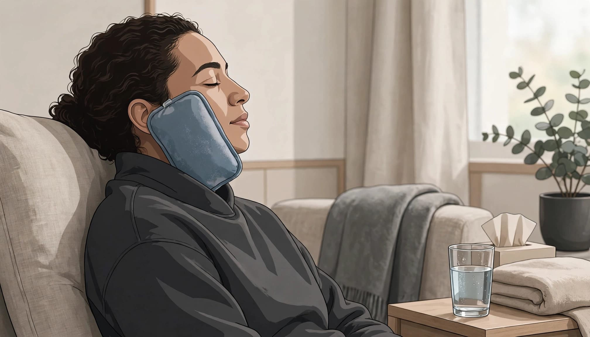 Person resting upright with a cold pack on one cheek and water nearby.