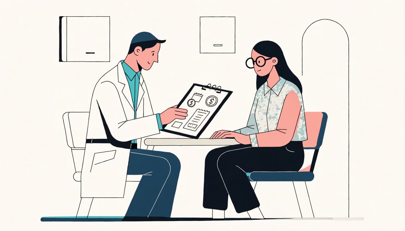 A dentist shows a patient a clipboard during a consultation.