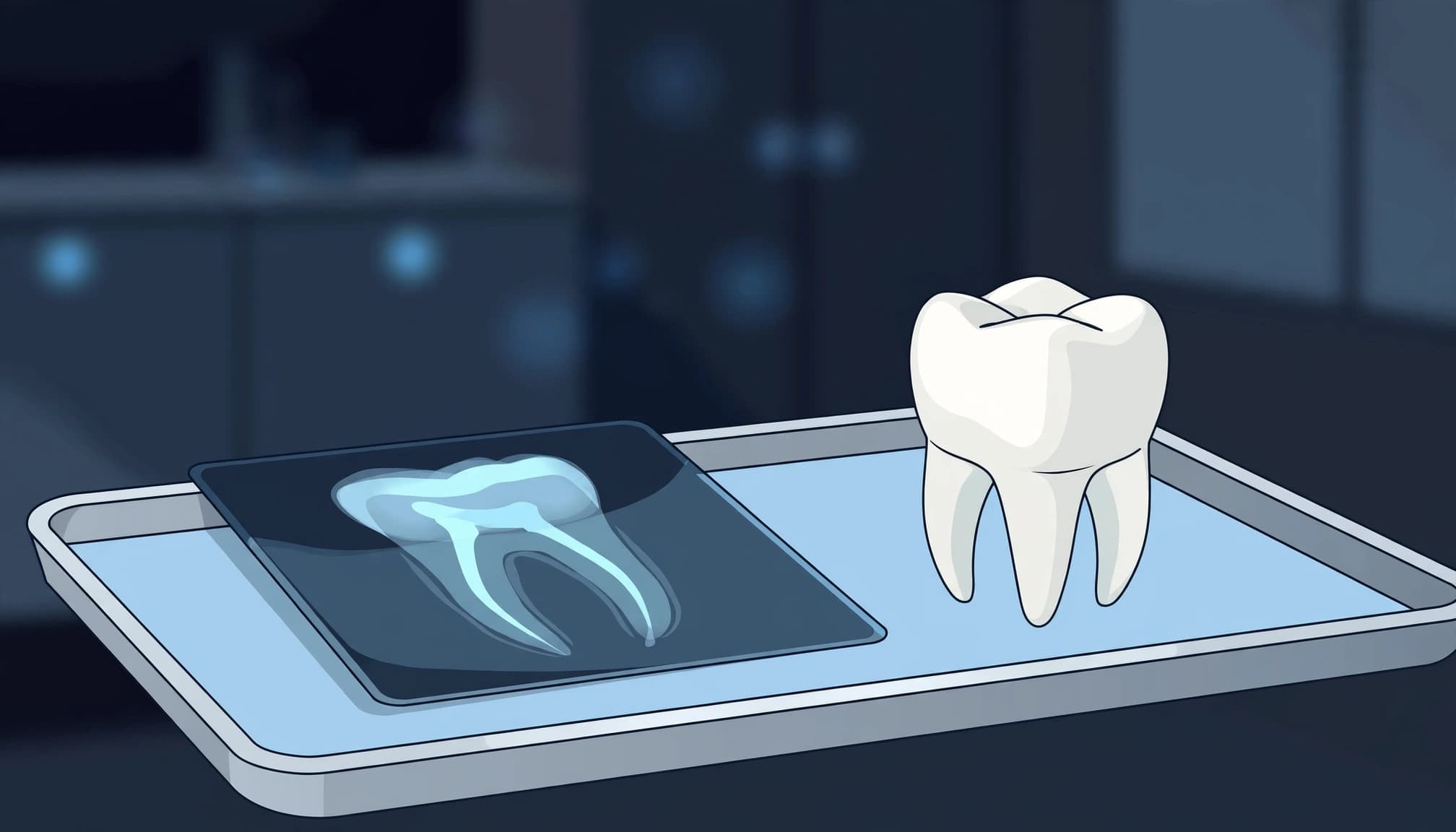 Dental X-ray and tooth model arranged side by side on an examination tray.