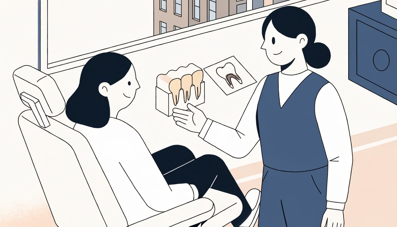 A dentist shows a tooth model to a seated patient in a bright consultation room.
