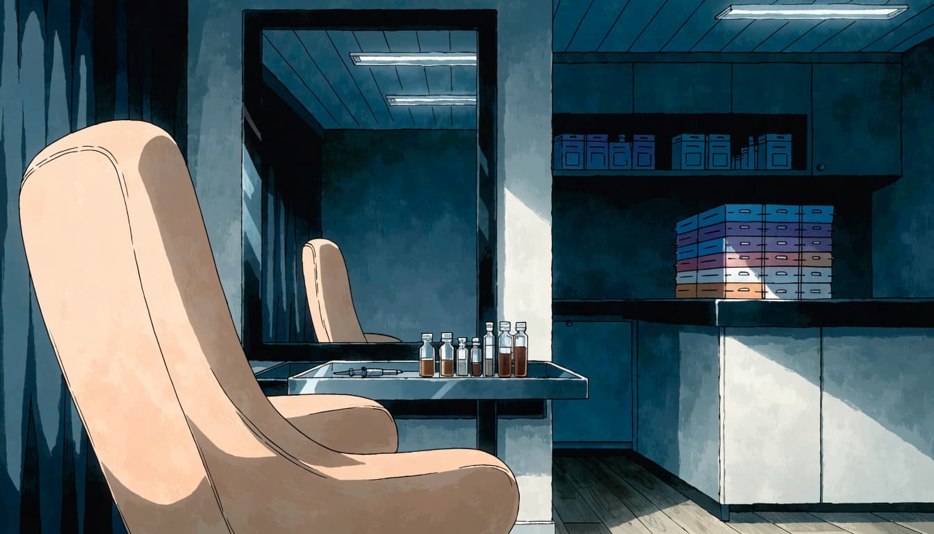 An empty clinic chair faces a mirror, with a tray and sealed supplies behind it.