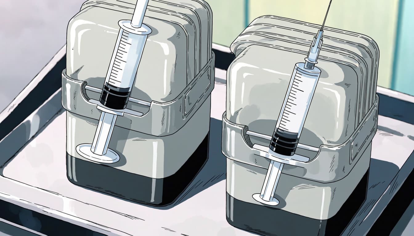 Two blank filler cartons and two syringes rest on a clinical tray.