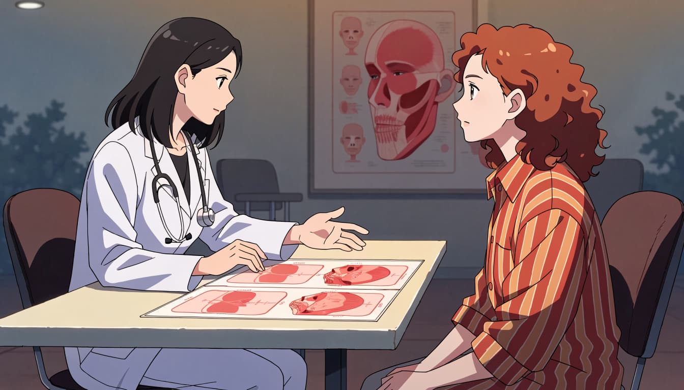 A clinician and patient review a facial anatomy chart across a table.
