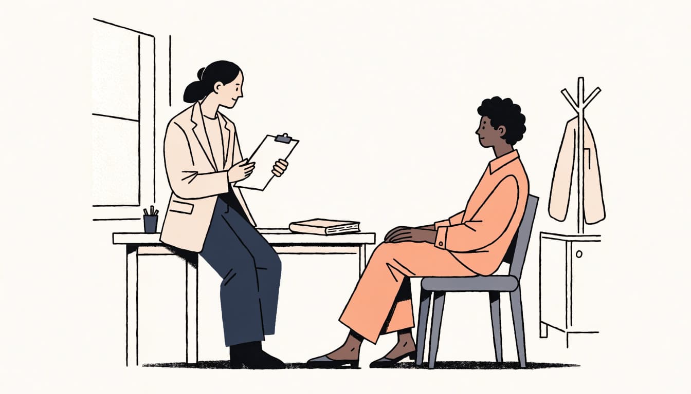 A clinician with a blank clipboard speaks with a seated adult patient.