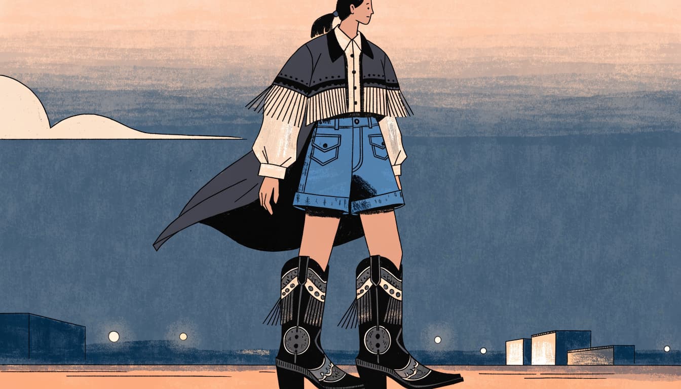 A cowgirl wears denim shorts, a fringe top, tall boots, and a loose layer at an outdoor festival.