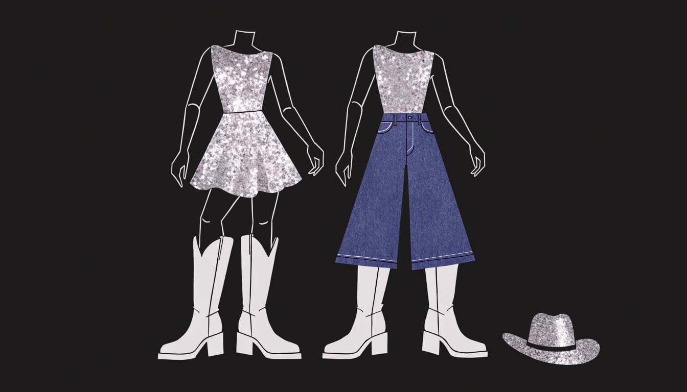 Two mannequins display sequin cowgirl outfits with boots and denim shorts.