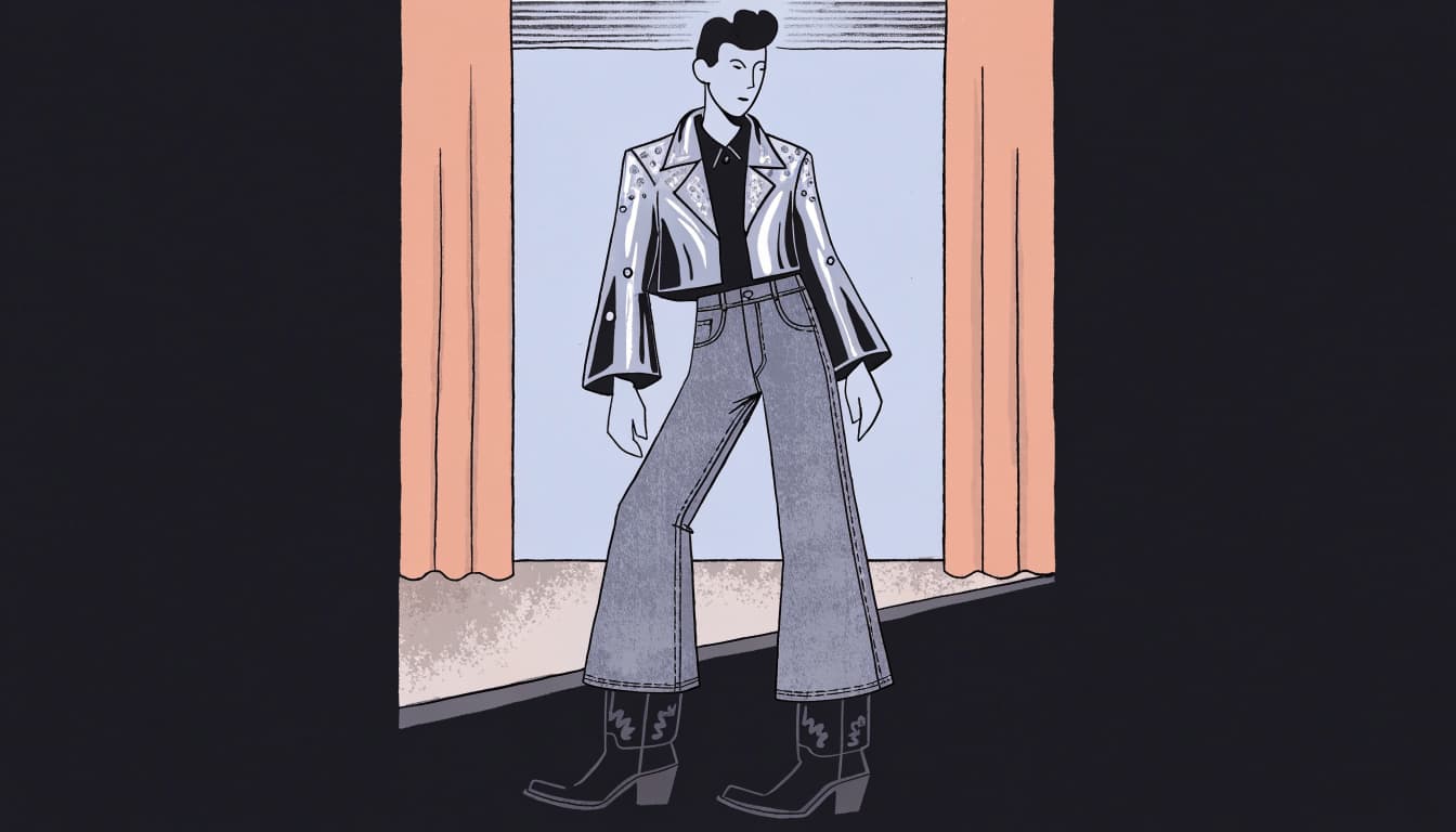 A young adult wears dark cowboy boots, denim, and a sparkling silver jacket detail.