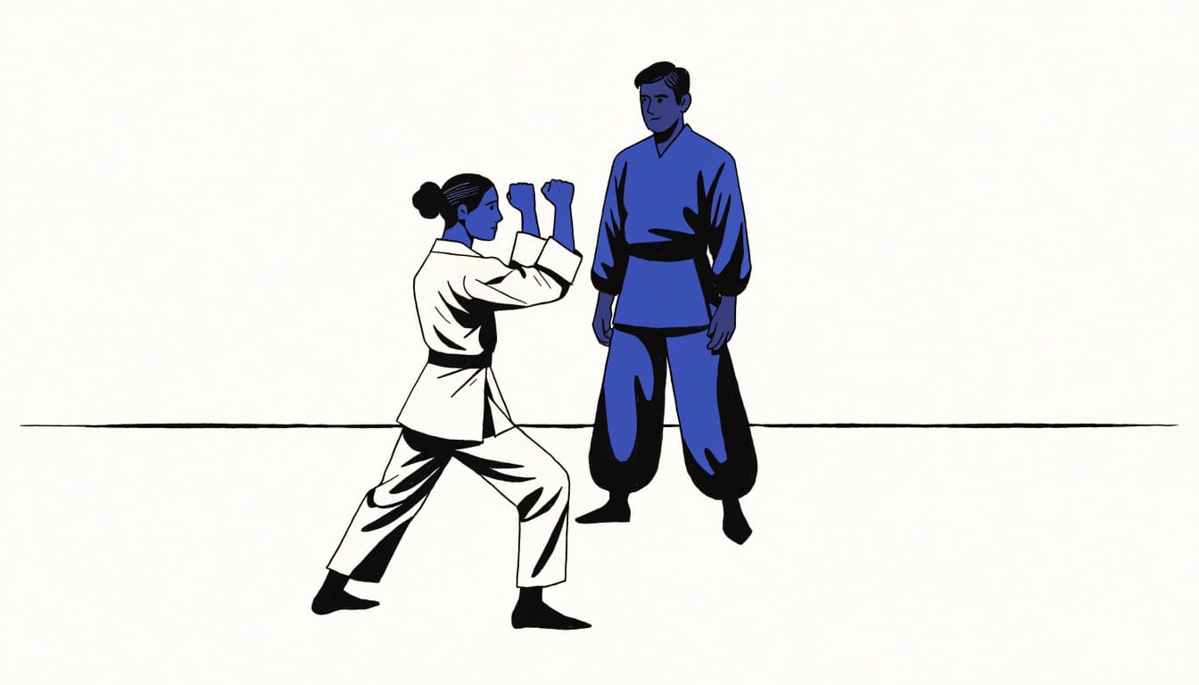 A student performs a martial arts form as an instructor watches.