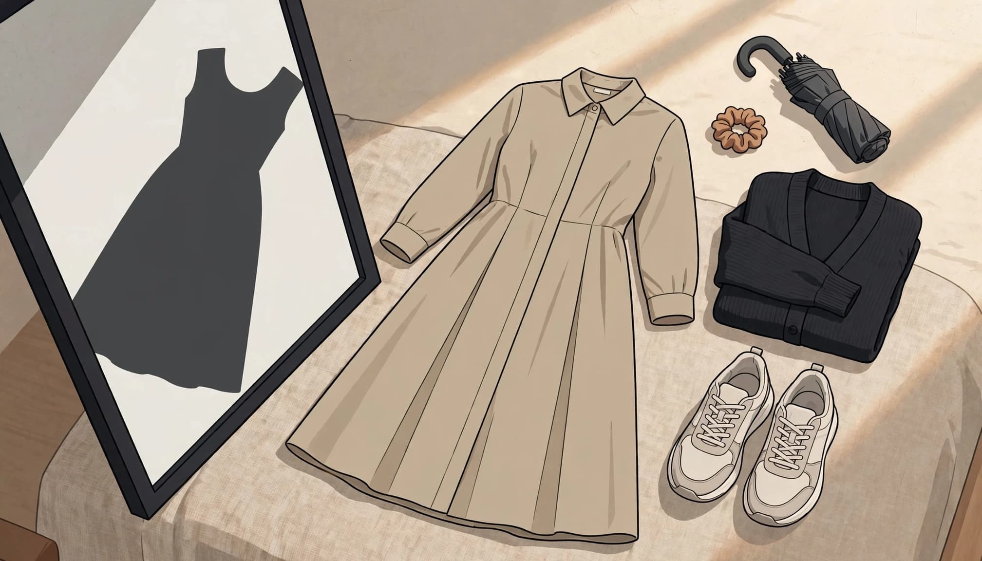 A dress, shoes, cardigan, hair tie, and umbrella sit beside a mirror.