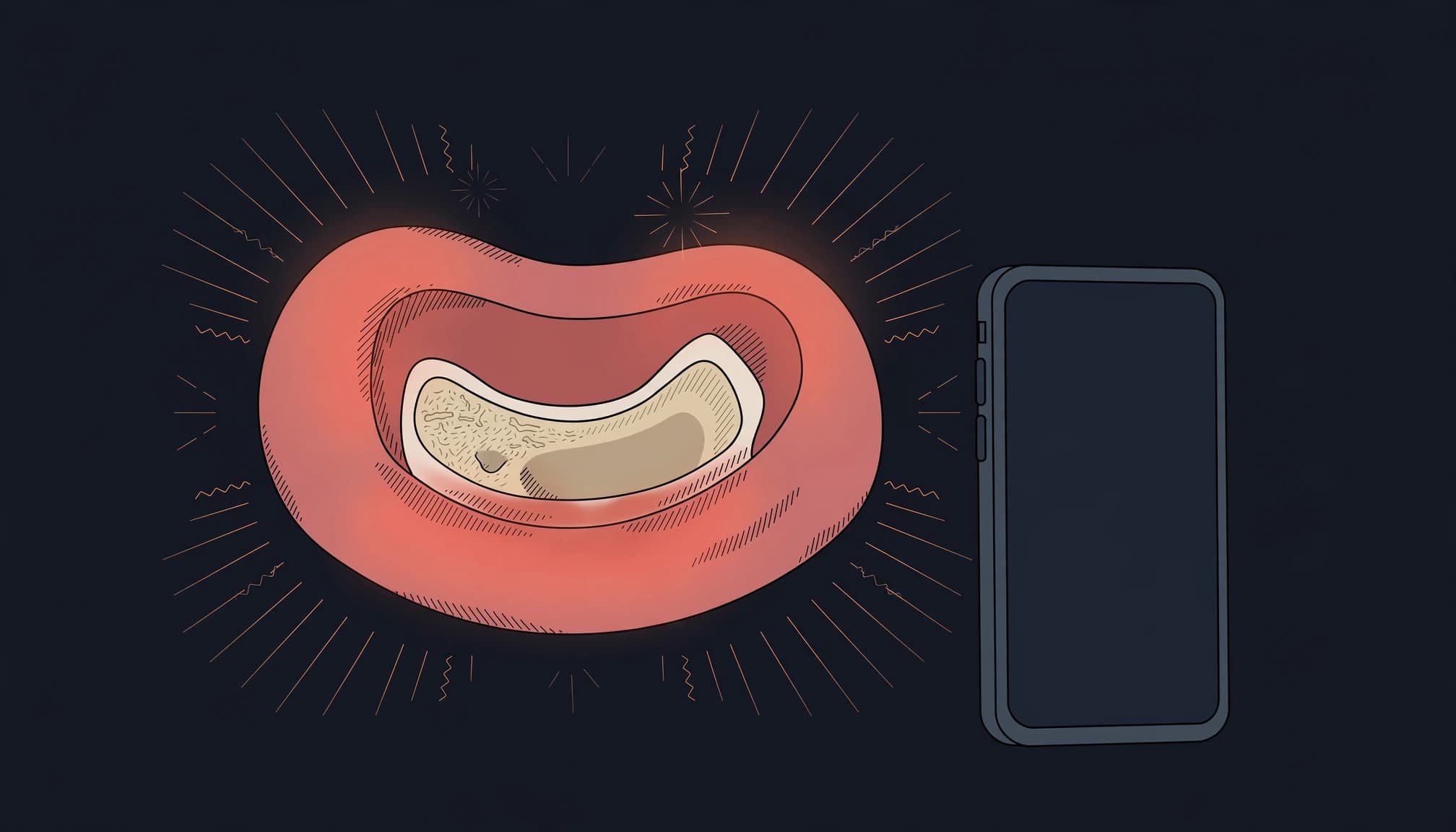Illustration of an irritated empty tooth socket with pain symbols and a nearby phone.