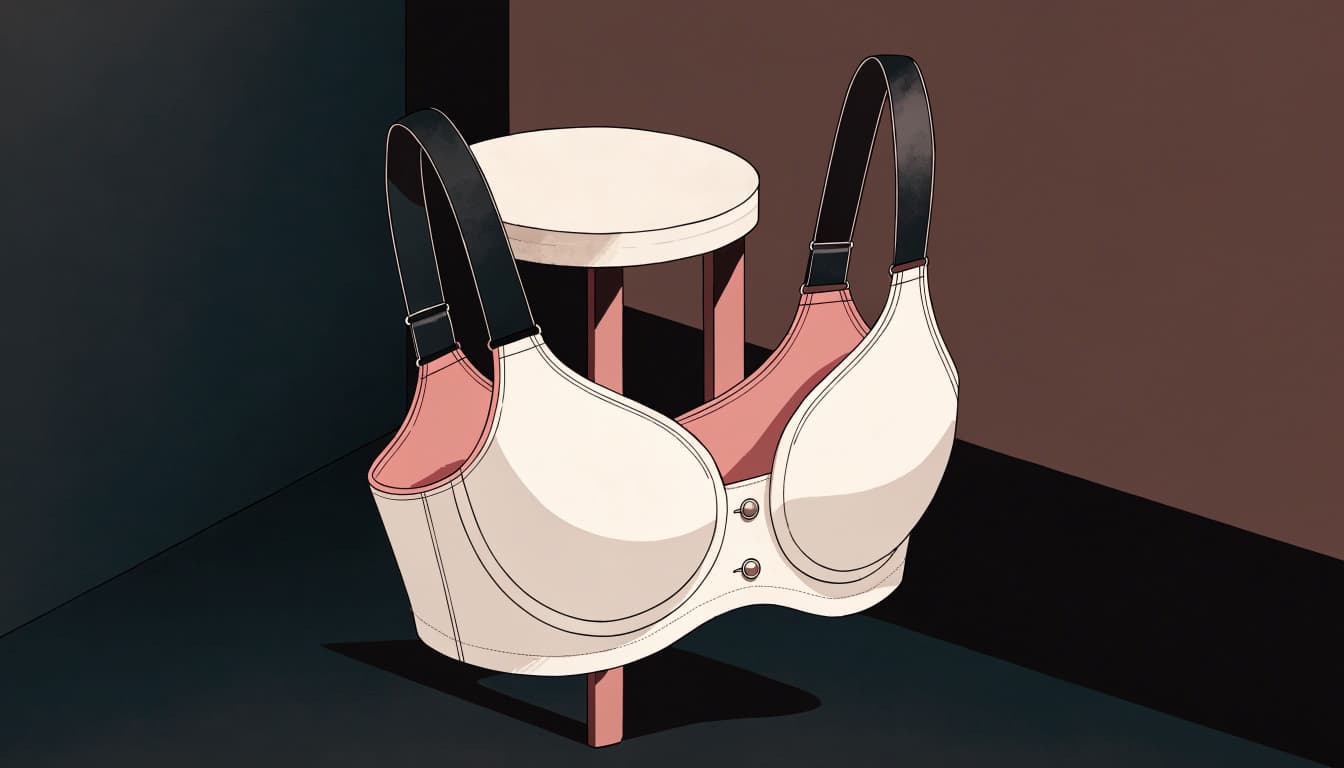 A dusty rose and cream bra with wide straps and a front closure.