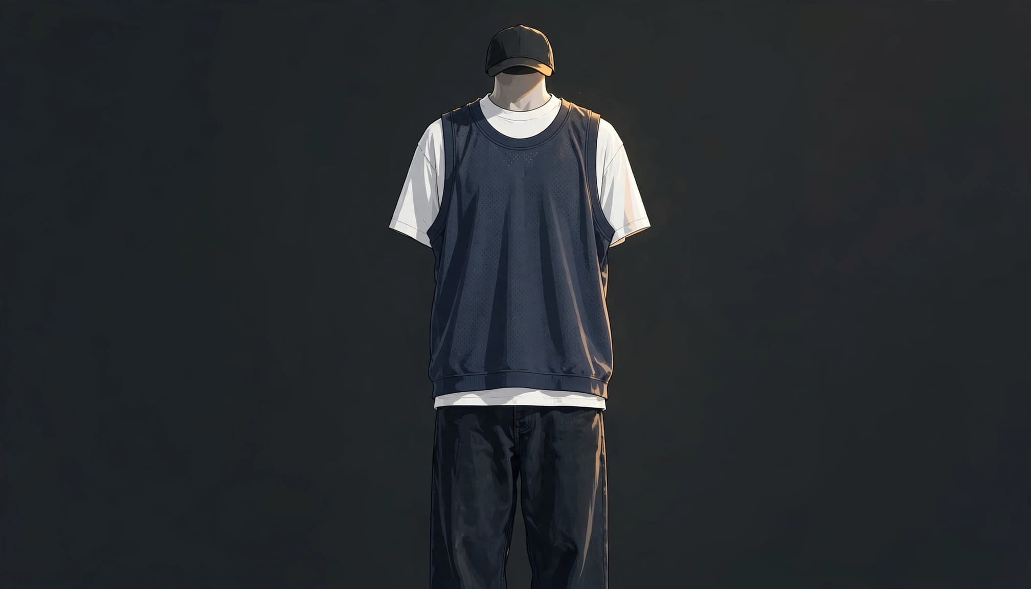 A jersey, white tee, dark jeans, and fitted cap on a headless mannequin.