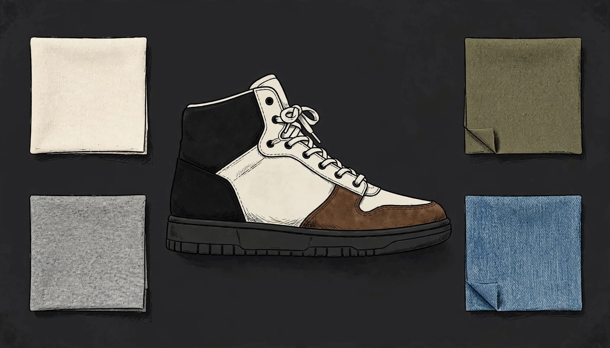 A high-top sneaker surrounded by four muted fabric swatches on a charcoal background.