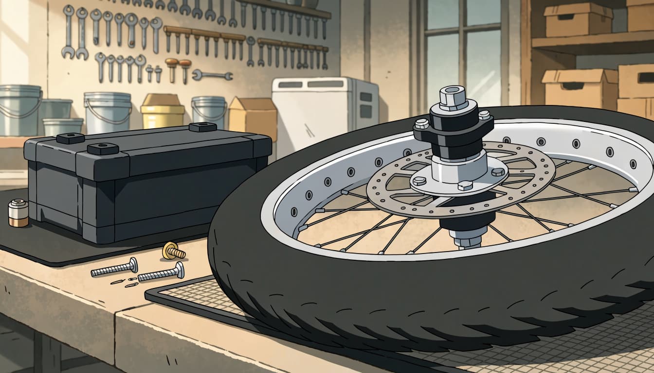 An e-bike wheel, battery, and replacement parts arranged on a repair bench.
