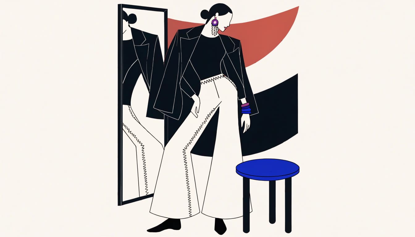 A figure wears a fitted dark top and wide-leg trousers beside a draped blazer and mirror.