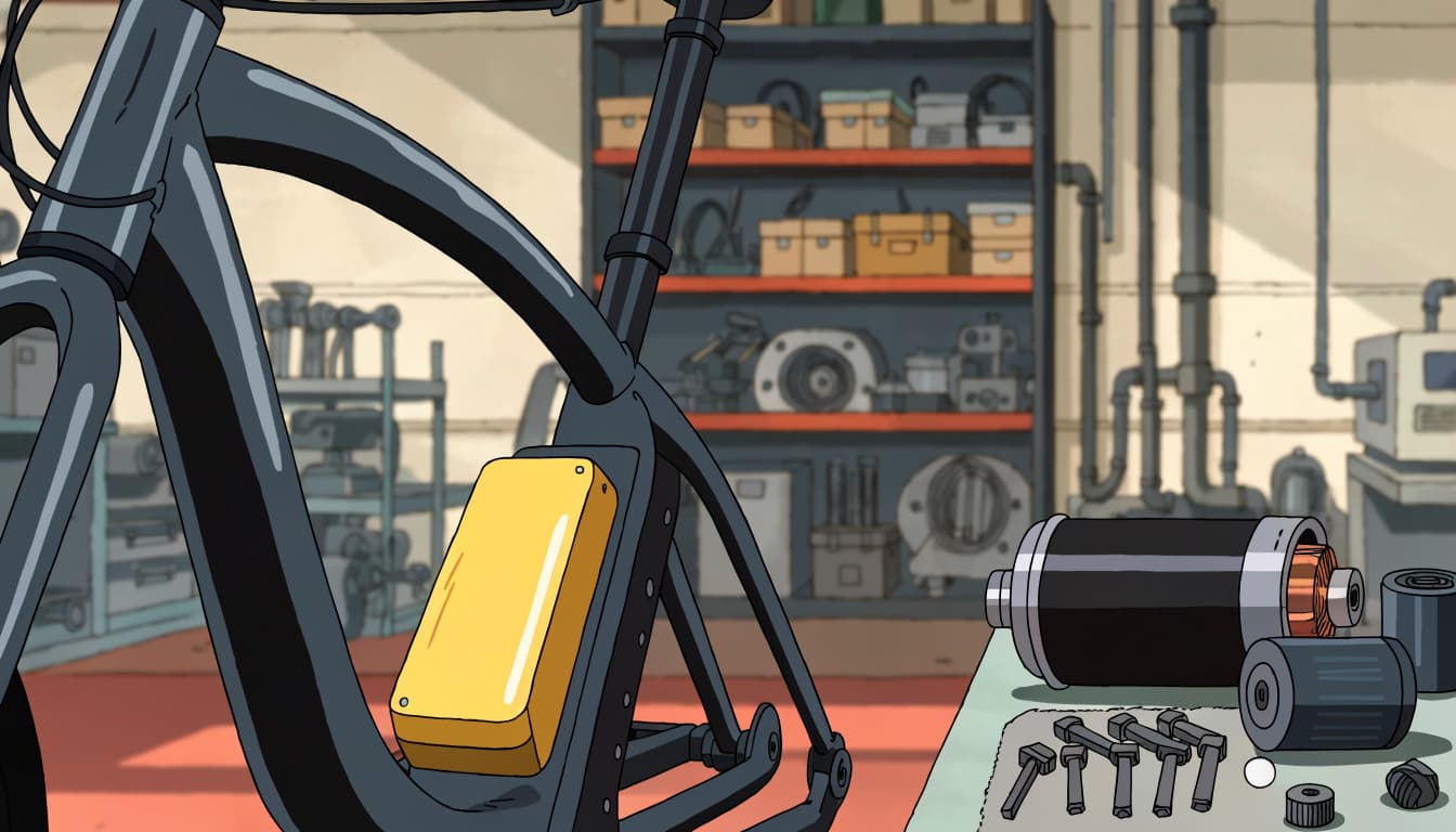 An e-bike frame stands beside its battery and rear hub motor on a workshop bench.