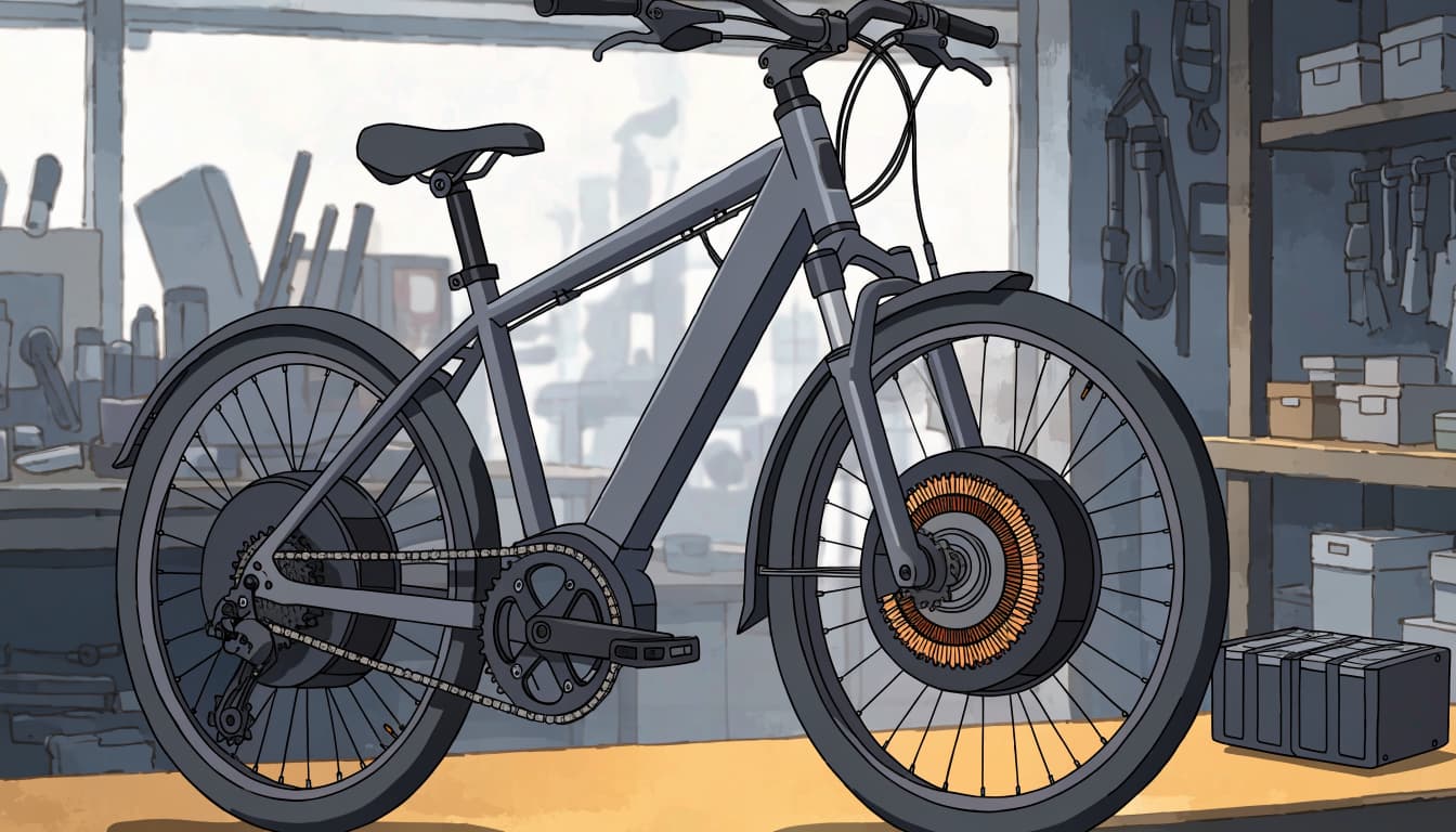 An electric bicycle displayed beside its battery pack in a workshop.