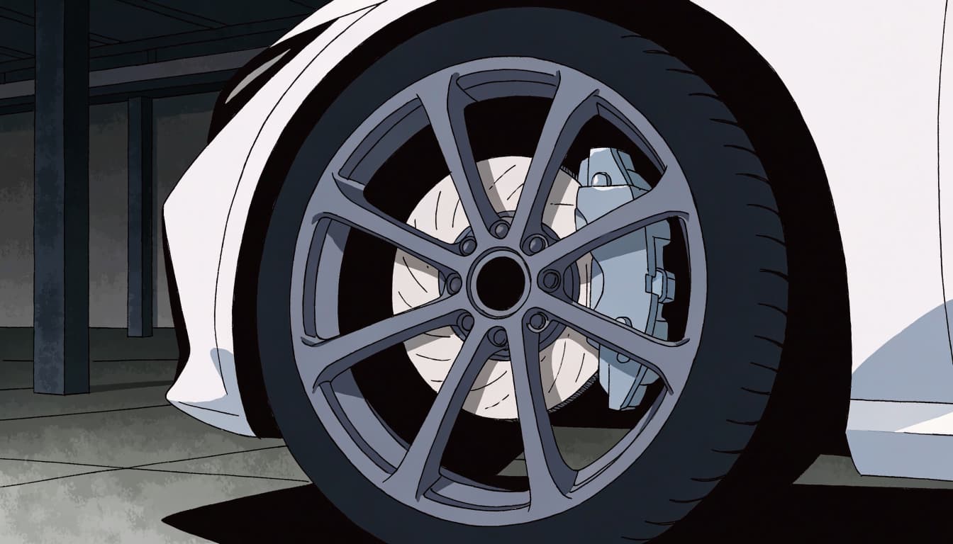A sedan's front wheel and conventional brake rotor and caliper in a clean service bay.