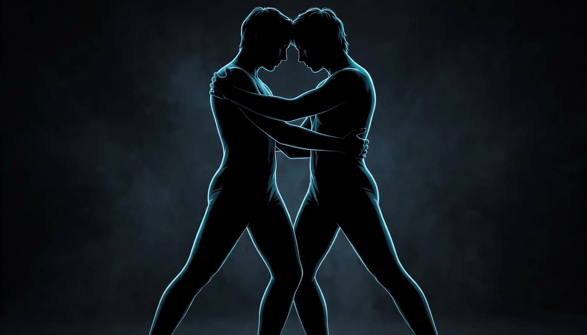 Two silhouettes embrace with a small gap between their arms and legs on a dark background.